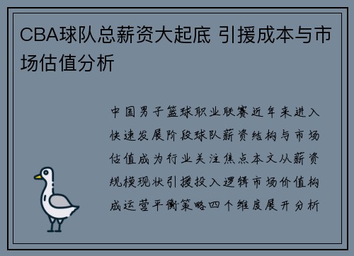 CBA球队总薪资大起底 引援成本与市场估值分析